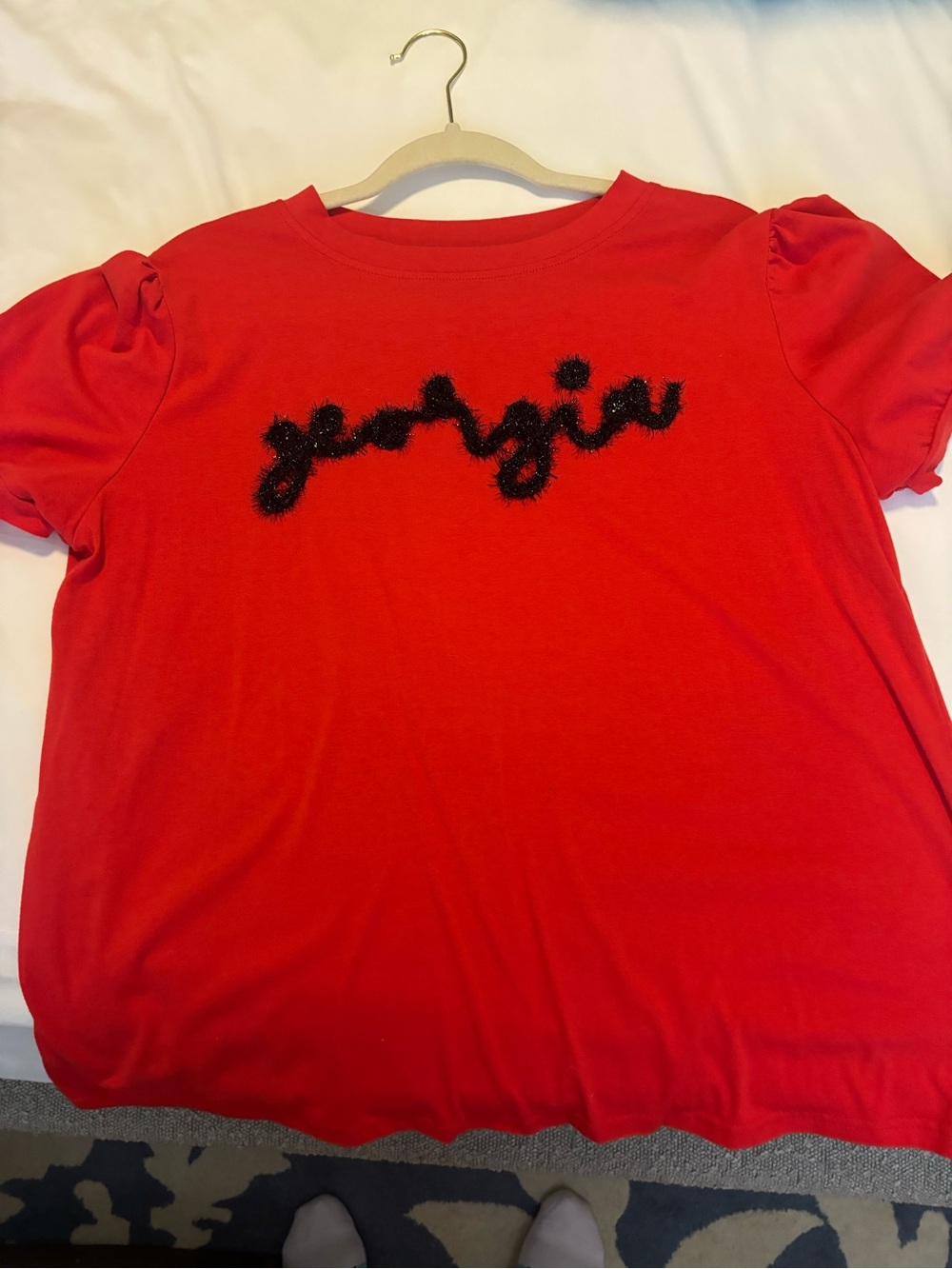 Red Tee with Black sparkleish Georgia Script UGA XL with gathers at the shoulder